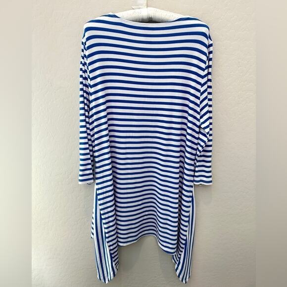 CHICO’S TRAVELERS | Blue White Striped Tunic Top Asymmetrical Hem | Size 2 Large - Picture 5 of 7